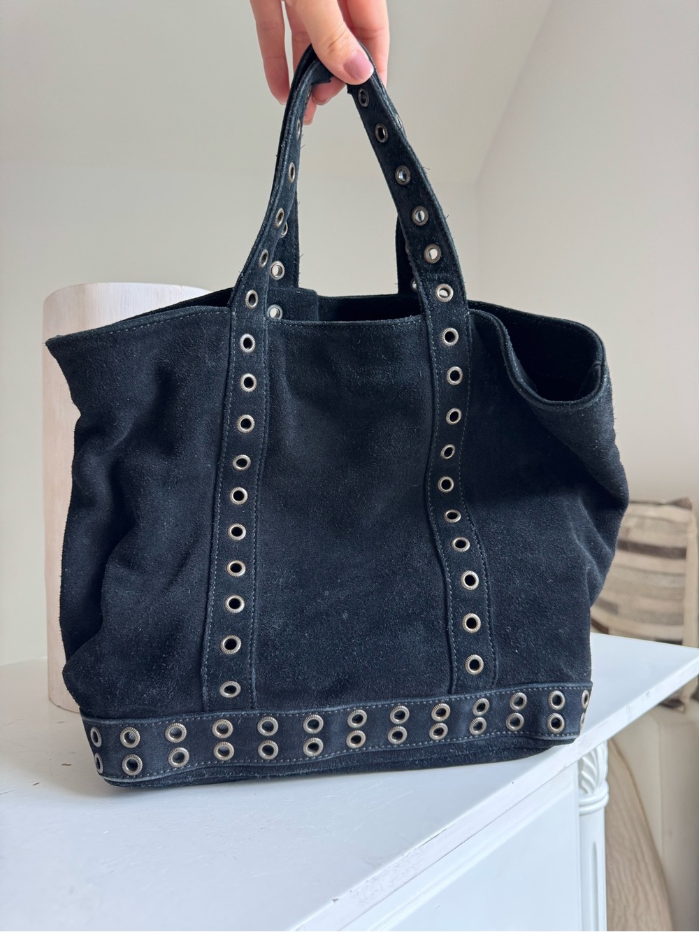 Vanessa Bruno Le Cabas Black Genuine Suede Leather Eyelet Tote Bag